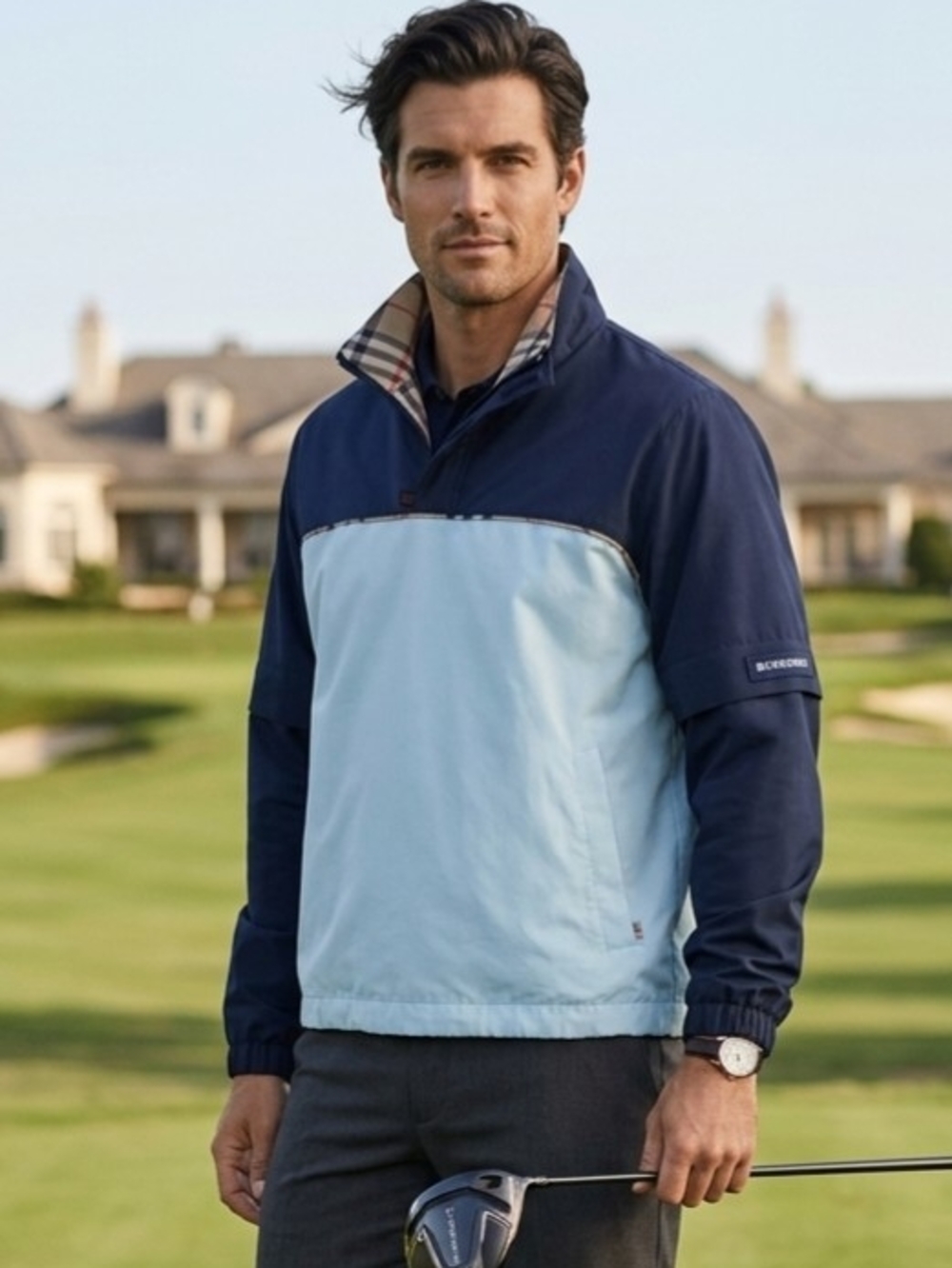 ​Burberry Golf Windbreaker Jacket Medium Navy Blue Nova Check Pullover Vintage